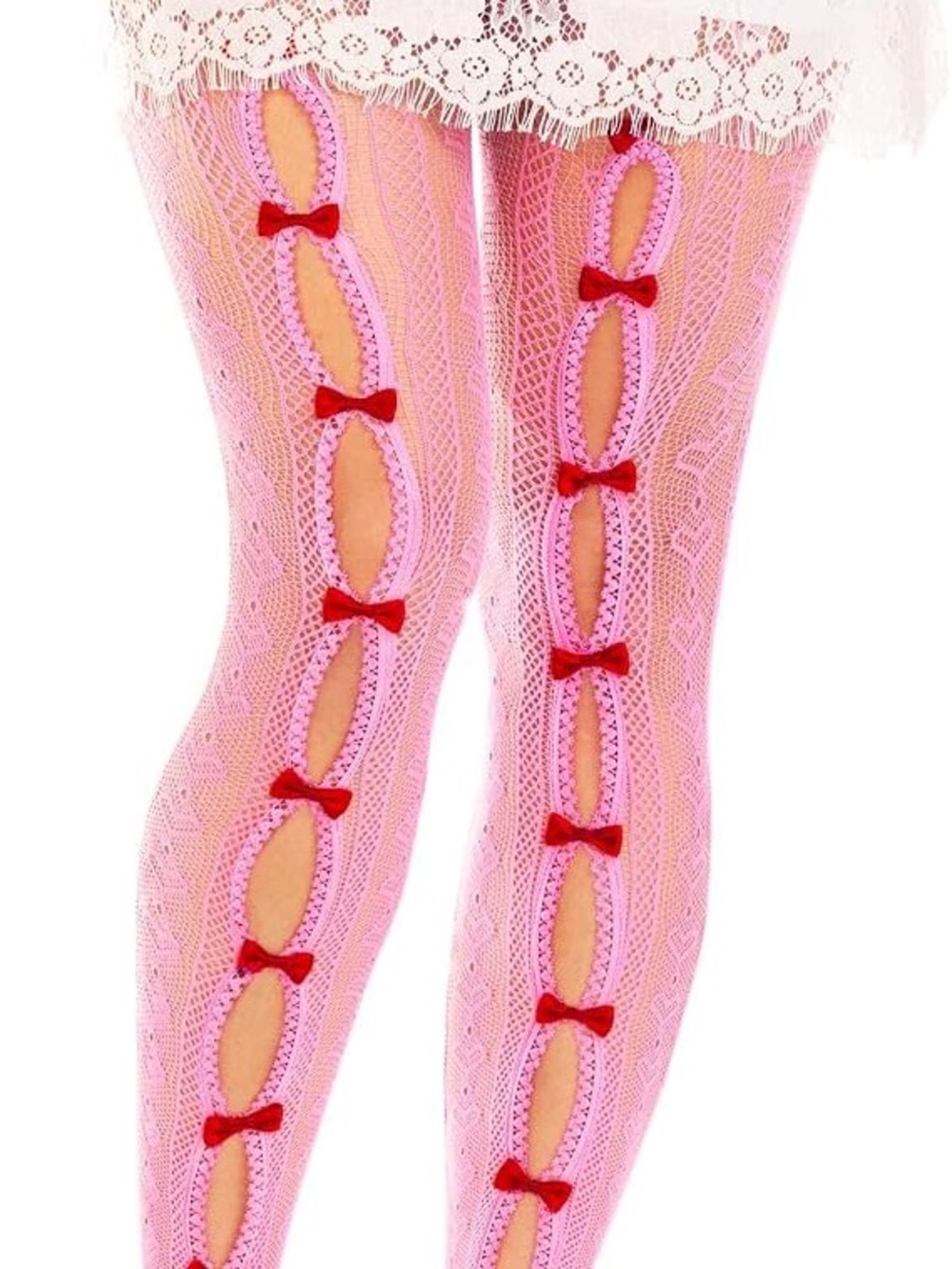 Sheer Lace Bow-Accent Pink Fishnet Tights